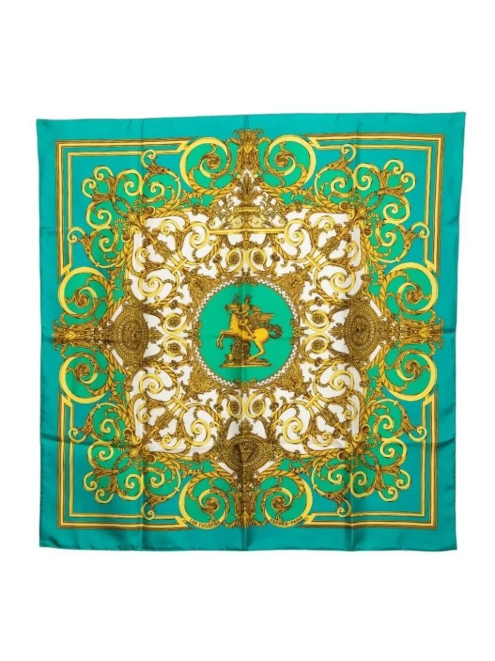Hermes Carre 90 les Tuileries Roulis Park Scarf Green Gold Silk